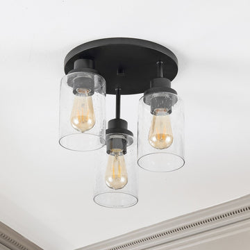 Jonah 12" Bohemian Farmhouse Iron/Seeded Glass LED Semi Flush Mount - JONATHAN Y